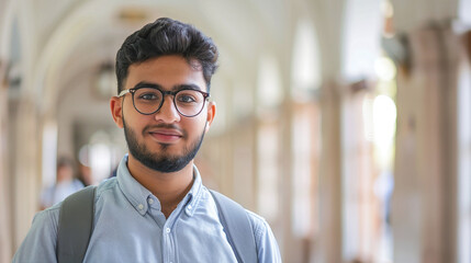Obraz premium A young Muslim man, a student with glasses, is standing in the university corridor wearing a blue shirt and black backpack. 