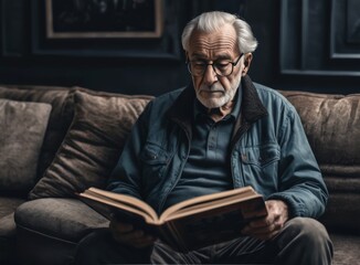 Older man reading a book sitting on the sofa