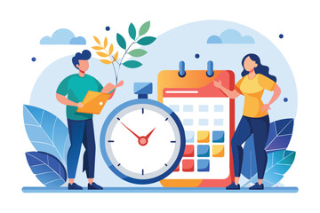 Two individuals standing beside a massive clock in a public space, Two people with time and calendar trending, Simple and minimalist flat Vector Illustration
