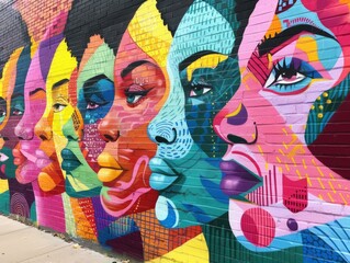 A mural of six colorful women's faces.