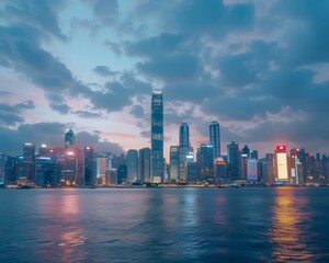 A photo of the Hong Kong skyline at dusk.