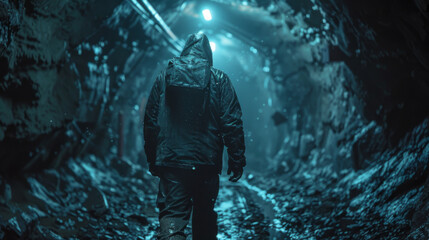 A person in a hooded jacket stands in a dimly lit, narrow mine shaft.