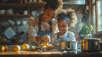 A mother and daughter happily preparing food together in a sunny kitchen.