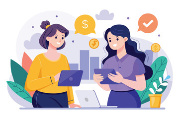 Two women standing together, discussing and planning investment strategies for business capital, two women investing money for business capital, Simple and minimalist flat Vector Illustration