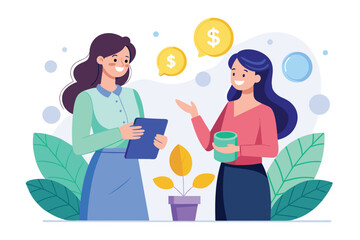 Two Women Talking With Money Bubbles, two women investing money for business capital, Simple and minimalist flat Vector Illustration