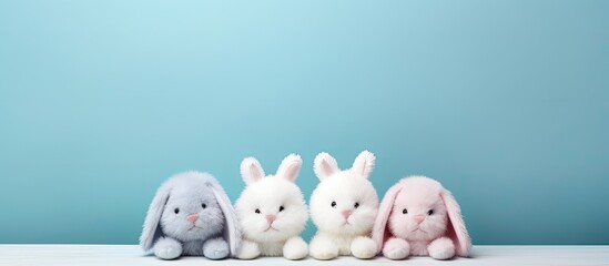 Four plush bunnies sitting together on a table as toy decorations