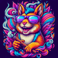 Digital art of a psychedelic cool squirrel smiling smoking a blunt - obrazy, fototapety, plakaty