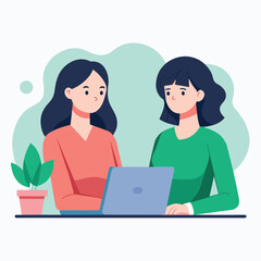 Obraz premium Two women sitting at a table, focused on their work on a laptop computer, two women working on a laptop, Simple and minimalist flat Vector Illustration