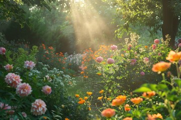 Obraz na płótnie Canvas Soft morning light illuminating flower garden