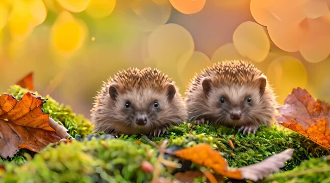 two cute hedgehogs on the ground with a bokeh background