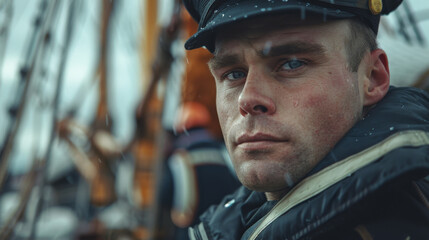 Obraz premium Close-up of a pensive navy sailor onboard a ship with a cinematic quality.