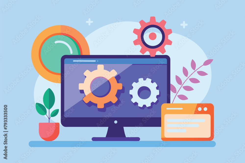 Poster a computer screen displaying gears, symbolizing system maintenance and development, updating and mai