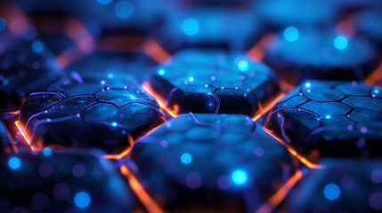 Fototapeta premium An intricate hexagonal pattern overlaying a deep blue gradient background, high definition, with a futuristic cybernetic aesthetic