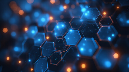An intricate hexagonal pattern overlaying a deep blue gradient background, high definition, with a futuristic cybernetic aesthetic