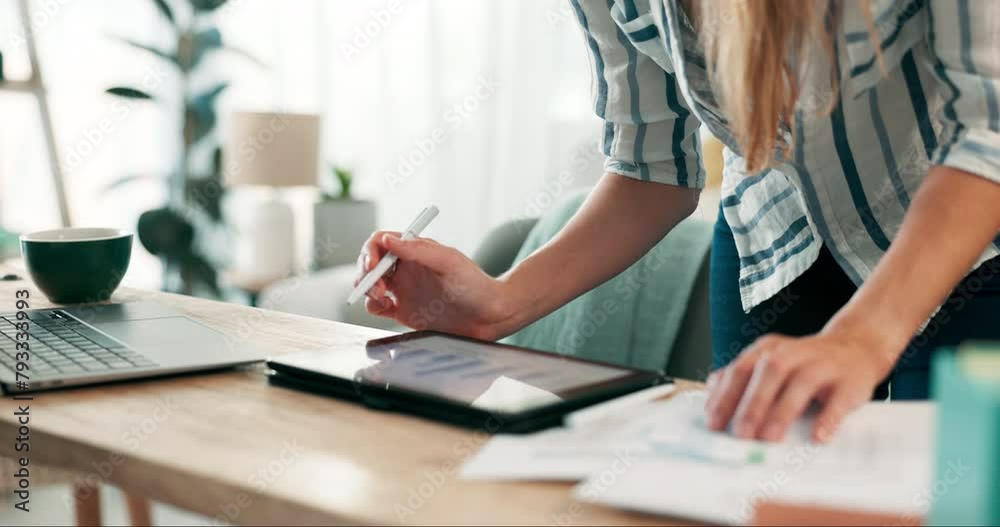 Poster paperwork, hands and tablet of architect with blueprint, design and pen of entrepreneur with remote 