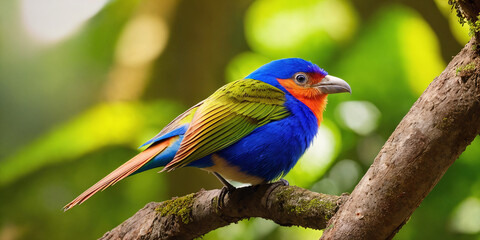 Obraz premium Colorful tropical bird in jungle on a sunny day. Rainforest illustration with bright beautiful birdie among exotic plants with big leaves. Background with pristine nature landscape.