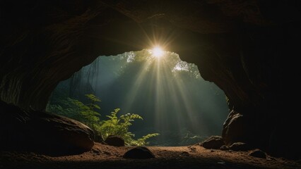 Light Shining Through A Cave Entrance in A Lush Forest