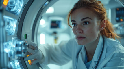 A nuclear medicine technologist operates equipment for a scan in a medical setting.