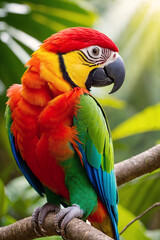 Naklejka premium Colorful tropical ara parrot in jungle on a sunny day. Rainforest illustration with bright beautiful macaw among exotic plants with big leaves. Background with pristine nature landscape.