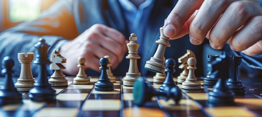 Corporate strategist deftly navigates chessboard with meticulous precision in strategic tableau