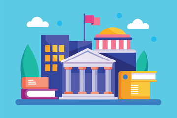 Naklejka premium A courthouse building with a flag waving on top, Vector graphics of courthouse with book folder, Simple and minimalist flat Vector Illustration