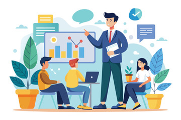 A man is presenting to a group of people in a business training session, Trading business trending, Simple and minimalist flat Vector Illustration