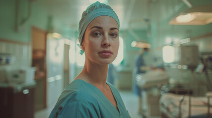 A focused obstetrician in scrubs stands in a maternity ward, with medical staff and equipment in the background.