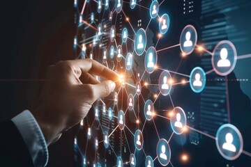 Connecting hr: a professional hand interacting with a futuristic digital network of human profiles for recruitment