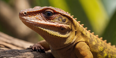 Tropical lizard in jungle on a sunny day. Rainforest illustration with bright colorful reptile among exotic plants with big leaves. Background with pristine nature landscape.