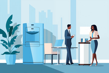 Obraz premium Business graphic vector modern style illustration of business people in an office environment discussing decision making collaborating water cooler moment strategy thinking break time