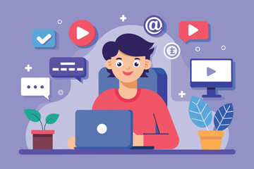 Fototapeta premium Man Working on Laptop for Social Media Vlog, Vlogger streaming with social media icons, Simple and minimalist flat Vector Illustration