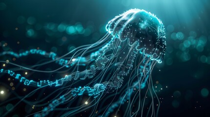 Digital jellyfish in deep blue ocean
