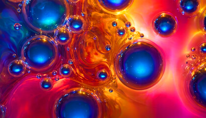 Blue bubbles and drops on crimson surface, abstract bright liquid colorful background