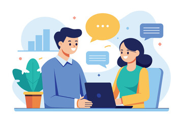 A man and woman sitting at a table, engaging with a laptop, was chatting with a client, Simple and minimalist flat Vector Illustration