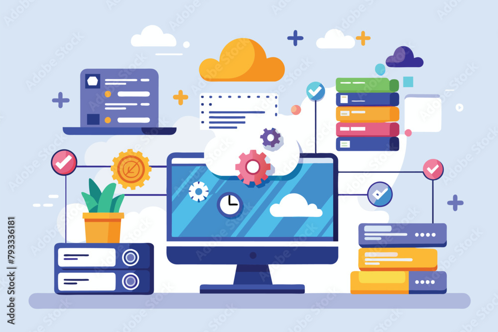 Poster a computer screen displaying information with a cloud hovering above it, web hosting, big data, simp