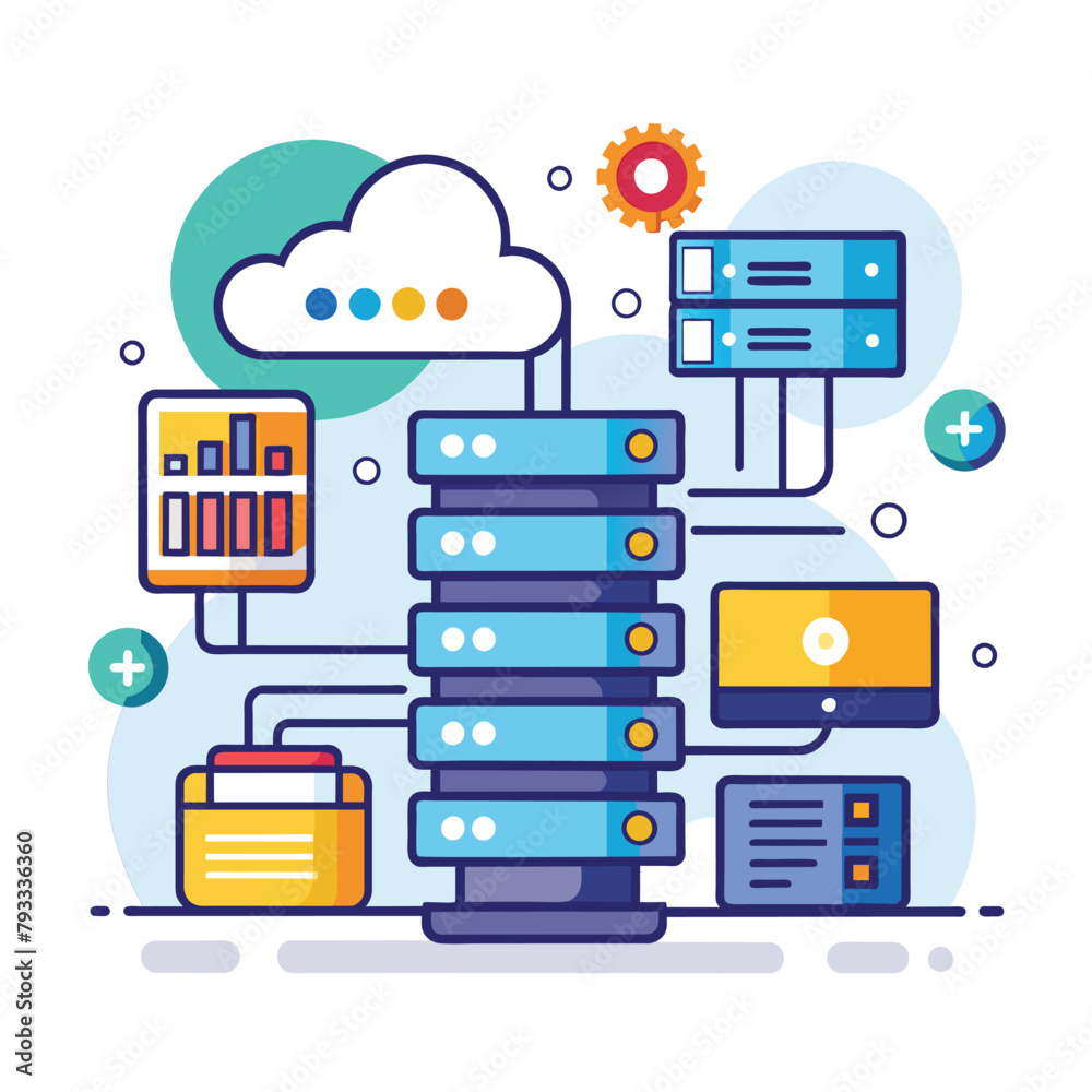 Poster a stack of data with a cloud hovering above it, symbolizing online database storage technology, web 