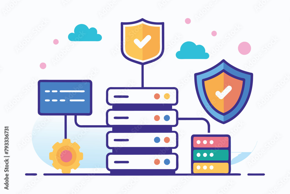 Poster a shield rests on top of a stack of data, symbolizing security and protection in a digital environme