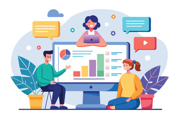 Two individuals are seated in front of a computer screen, engaged in a webinar presentation, Webinar presentation trending, Simple and minimalist flat Vector Illustration