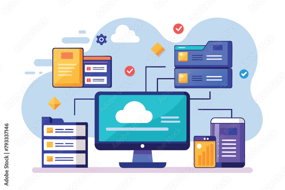 Aufkleber computer screen displaying website hosting management file with cloud hovering above it, website hos