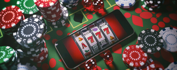 Online casino concept with mobile slot machine win