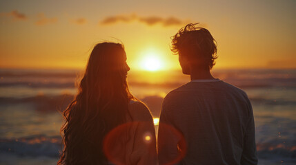Fototapeta premium Young couple watching the sunset at the beach, silhouetted against the glowing horizon.