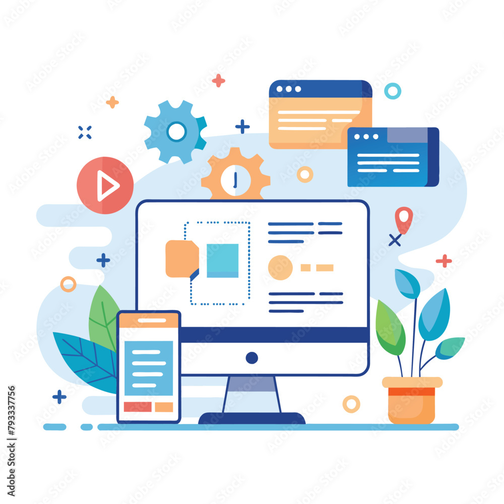 Poster A computer monitor and tablet displaying icons on the screen, website programming management, Simple and minimalist flat Vector Illustration