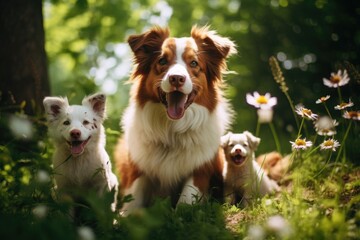 Three dogs are standing in a field of flowers. One of the dogs is a large brown and white dog, and the other two are smaller dogs. The dogs are all smiling and seem to be enjoying the beautiful day