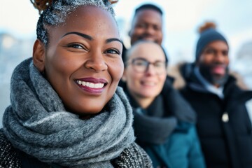 Portrait of happy african american woman with friends on background - Powered by Adobe