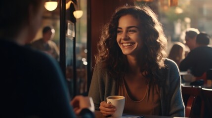 A woman is sitting at a table with a cup of coffee and smiling. She is surrounded by other people in the background. Scene is happy and relaxed
