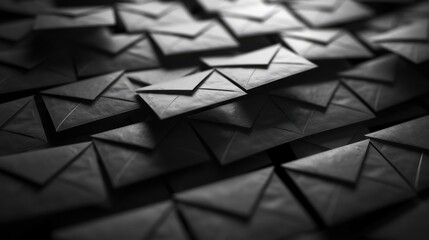 A stack of black envelopes with a dark background. The envelopes are all the same size and shape, and they are all facing the same direction. Concept of formality and seriousness