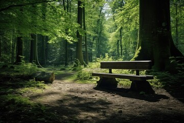 A wooden bench sits in a forest, surrounded by trees and grass. The bench is empty, and the sunlight is shining on it, creating a peaceful and serene atmosphere. Concept of calm and tranquility - Powered by Adobe