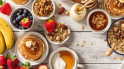 A table with a variety of breakfast foods including pancakes, fruit, and cereal