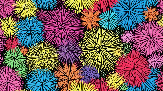 A colorful and vibrant image of fireworks with a variety of colors and shapes. The fireworks are scattered throughout the image, with some in the foreground and others in the background