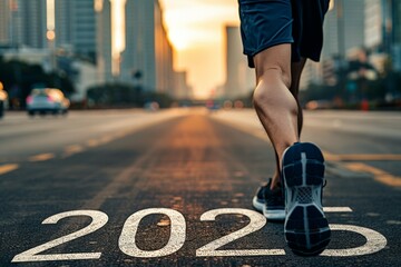 Runner and the inscription on the asphalt 2025. Background with selective focus